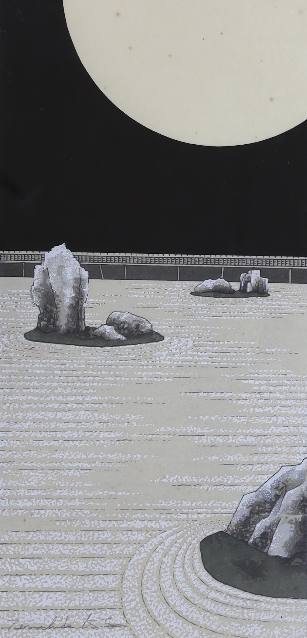 Teruhide Kato (1936-2015), woodblock print, Moonlight at Ryoanji Temple (Kagayaki), signed in pencil, 41cm x 19.5cm